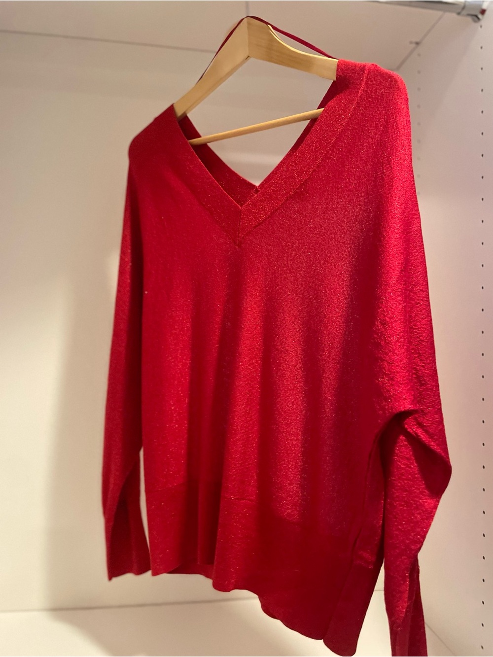 INC International Concepts Red (with Shimmer) V-Neck Sweater